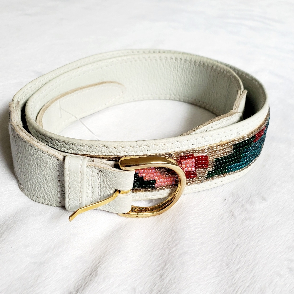 VINTAGE Beaded Leather Belt M light Mint Aqua boho